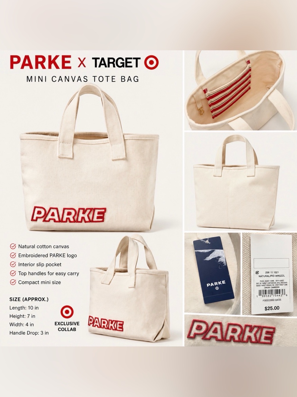 PARKE x Target Mini Canvas Tote Bag Natural Red Logo NWT Exclusive Canvas